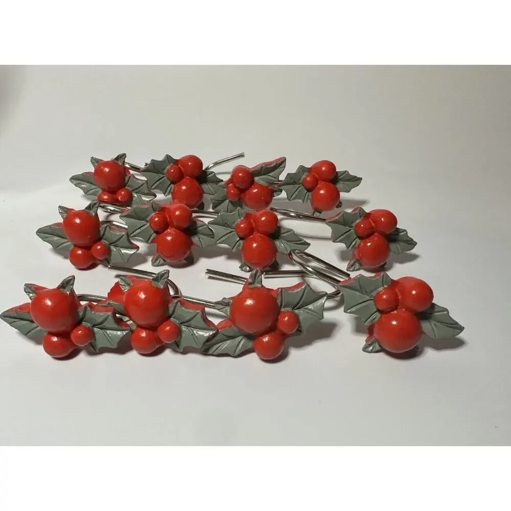 Christmas Holiday Holly Berry Shower Curtain Hooks Set of 12 New & Used Set